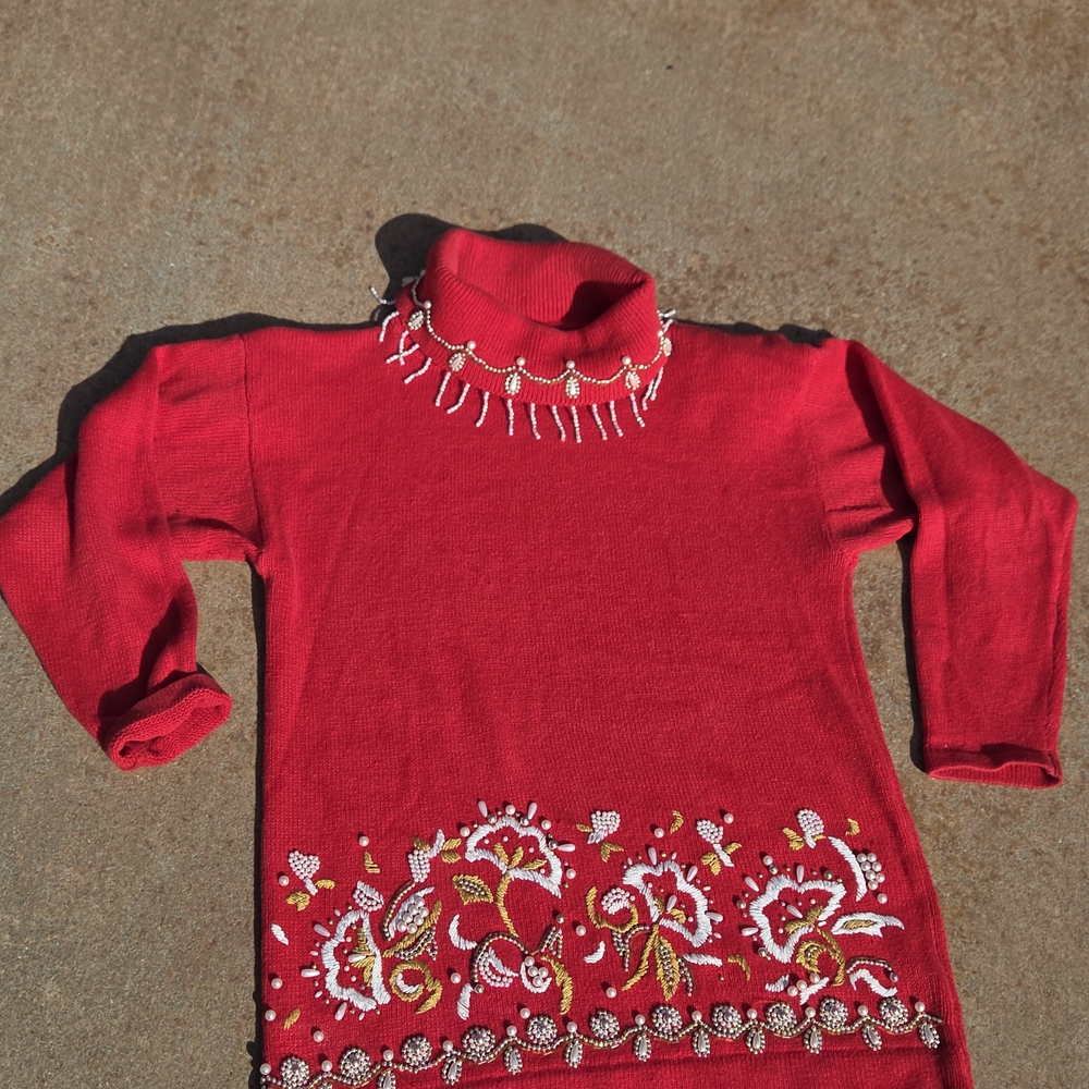 Elegant Red Floral Turtleneck Sweater